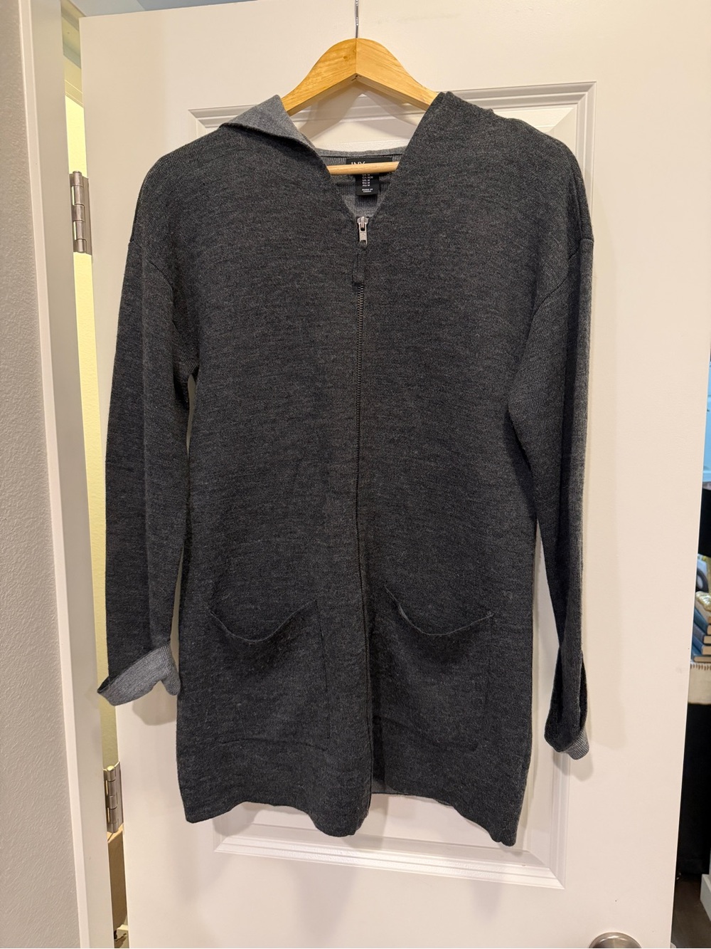 Jones New York Dark Charcoal Hooded Zip-Front Cardigan